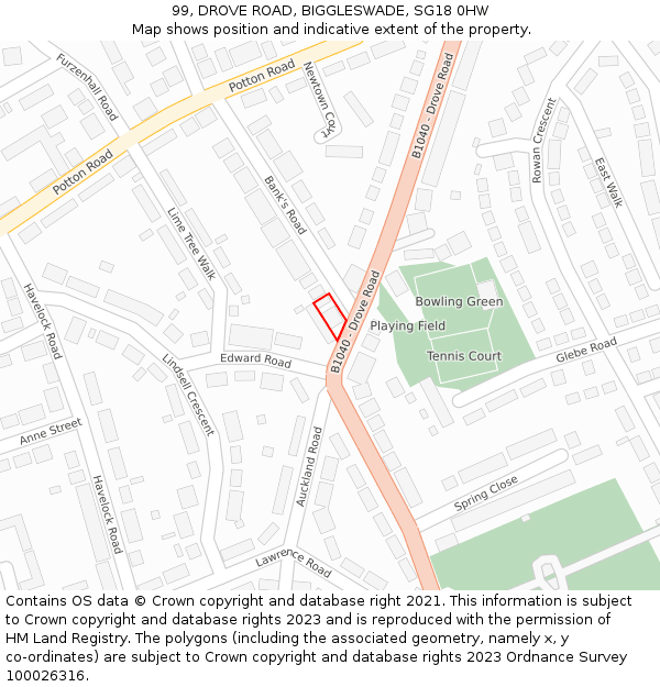 99, DROVE ROAD, BIGGLESWADE, SG18 0HW: Location map and indicative extent of plot