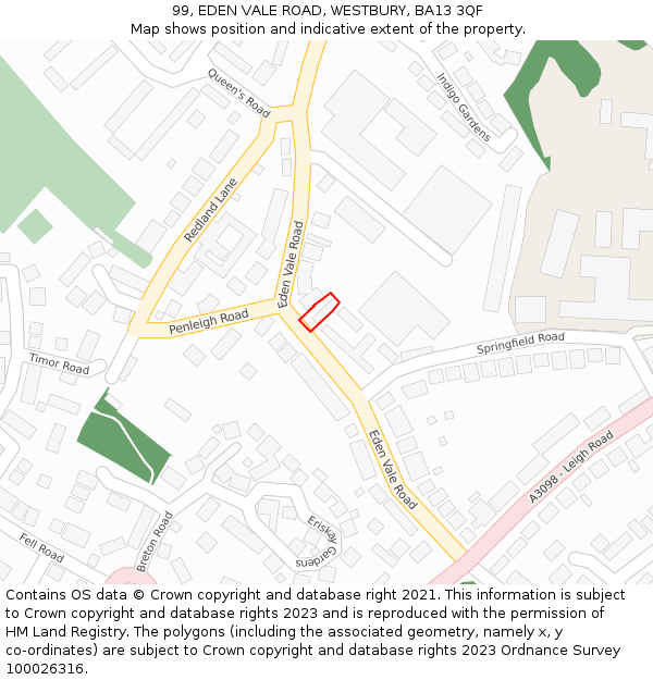 99, EDEN VALE ROAD, WESTBURY, BA13 3QF: Location map and indicative extent of plot