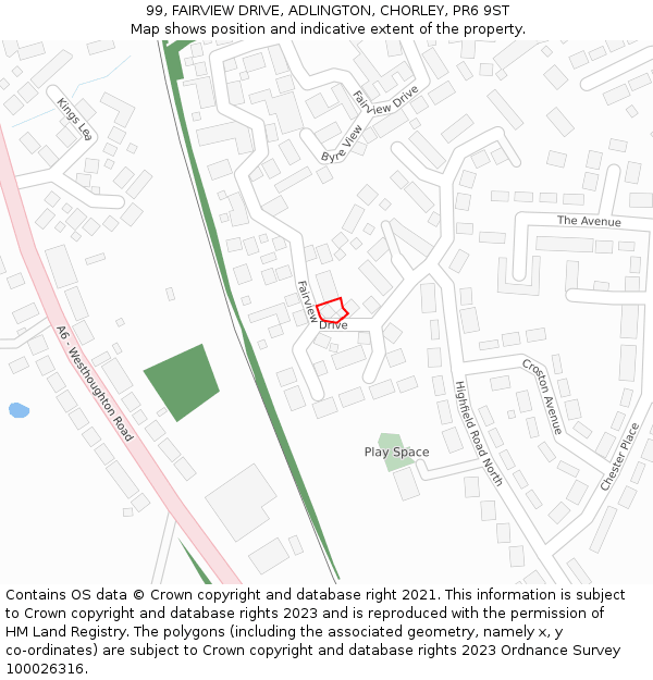 99, FAIRVIEW DRIVE, ADLINGTON, CHORLEY, PR6 9ST: Location map and indicative extent of plot