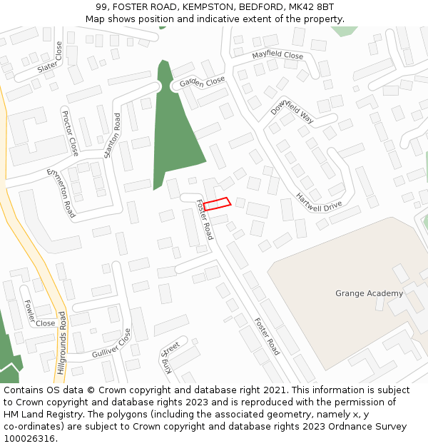 99, FOSTER ROAD, KEMPSTON, BEDFORD, MK42 8BT: Location map and indicative extent of plot
