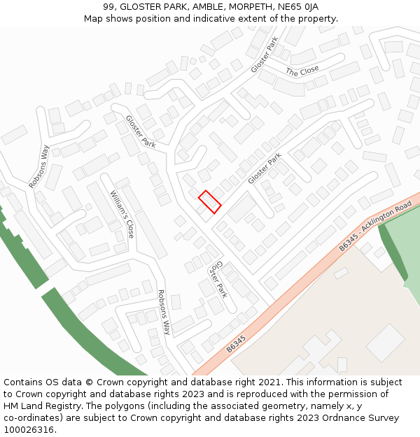 99, GLOSTER PARK, AMBLE, MORPETH, NE65 0JA: Location map and indicative extent of plot