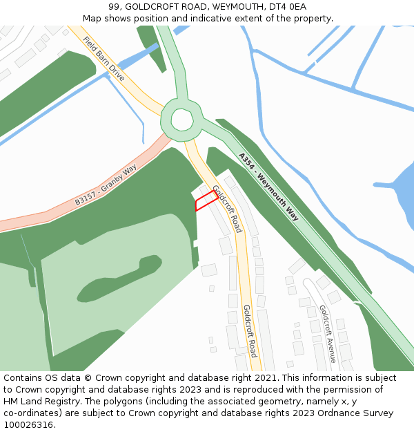 99, GOLDCROFT ROAD, WEYMOUTH, DT4 0EA: Location map and indicative extent of plot