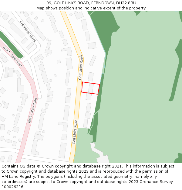 99, GOLF LINKS ROAD, FERNDOWN, BH22 8BU: Location map and indicative extent of plot