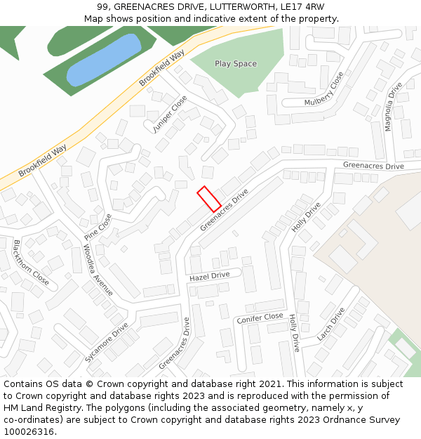 99, GREENACRES DRIVE, LUTTERWORTH, LE17 4RW: Location map and indicative extent of plot