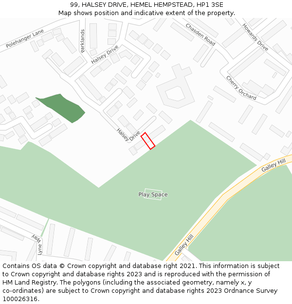 99, HALSEY DRIVE, HEMEL HEMPSTEAD, HP1 3SE: Location map and indicative extent of plot