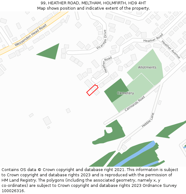 99, HEATHER ROAD, MELTHAM, HOLMFIRTH, HD9 4HT: Location map and indicative extent of plot