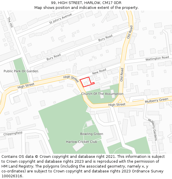 99, HIGH STREET, HARLOW, CM17 0DR: Location map and indicative extent of plot