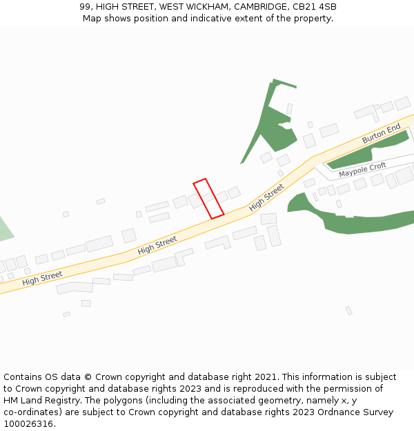 99, HIGH STREET, WEST WICKHAM, CAMBRIDGE, CB21 4SB: Location map and indicative extent of plot