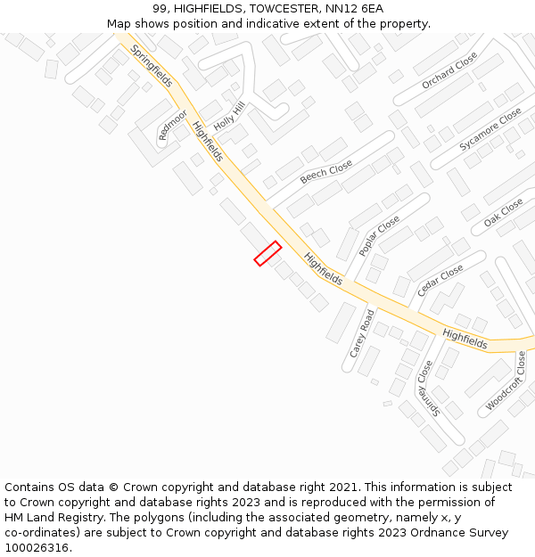 99, HIGHFIELDS, TOWCESTER, NN12 6EA: Location map and indicative extent of plot