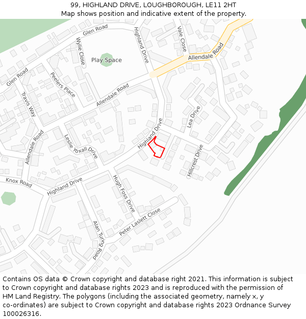 99, HIGHLAND DRIVE, LOUGHBOROUGH, LE11 2HT: Location map and indicative extent of plot