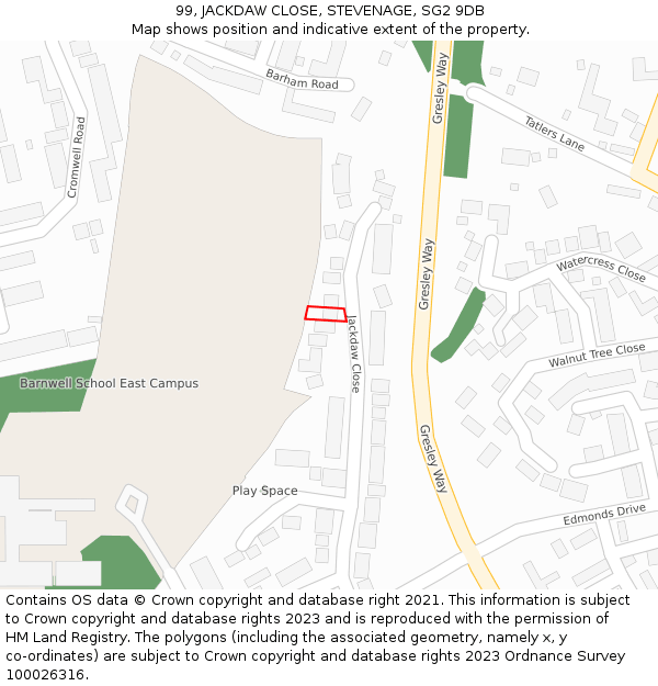 99, JACKDAW CLOSE, STEVENAGE, SG2 9DB: Location map and indicative extent of plot