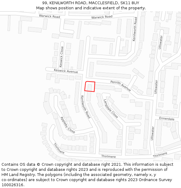 99, KENILWORTH ROAD, MACCLESFIELD, SK11 8UY: Location map and indicative extent of plot