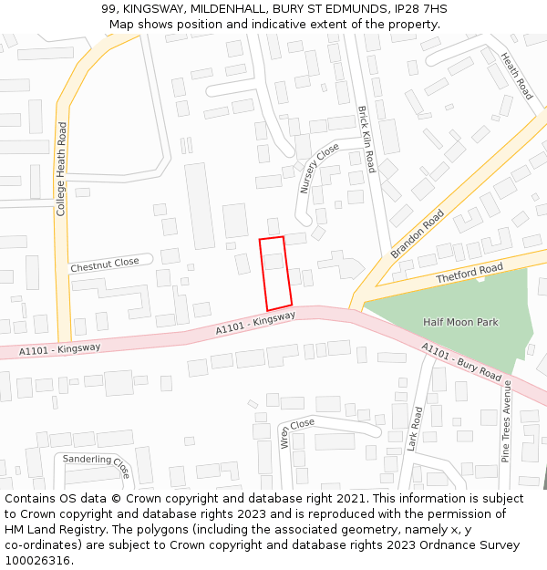 99, KINGSWAY, MILDENHALL, BURY ST EDMUNDS, IP28 7HS: Location map and indicative extent of plot