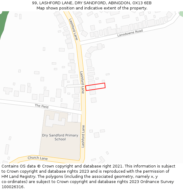 99, LASHFORD LANE, DRY SANDFORD, ABINGDON, OX13 6EB: Location map and indicative extent of plot