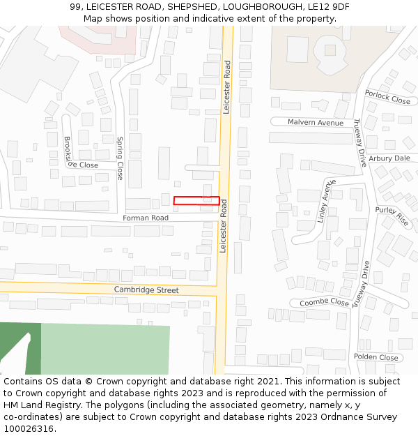 99, LEICESTER ROAD, SHEPSHED, LOUGHBOROUGH, LE12 9DF: Location map and indicative extent of plot