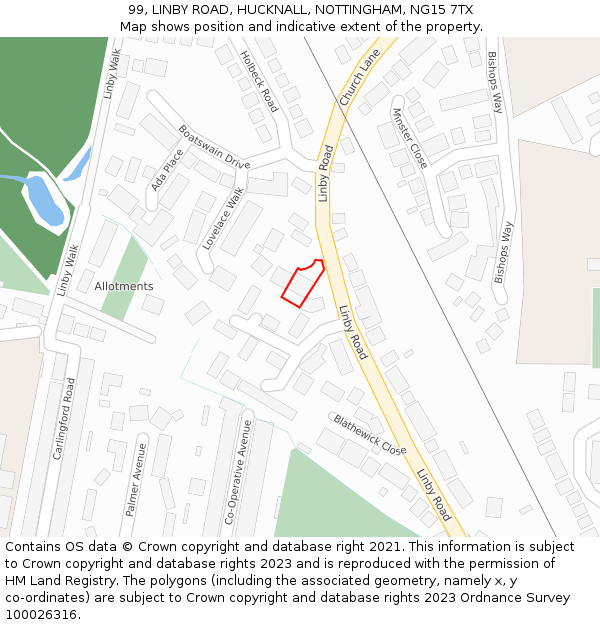 99, LINBY ROAD, HUCKNALL, NOTTINGHAM, NG15 7TX: Location map and indicative extent of plot