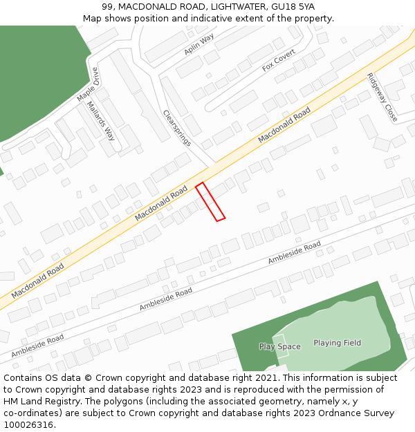 99, MACDONALD ROAD, LIGHTWATER, GU18 5YA: Location map and indicative extent of plot