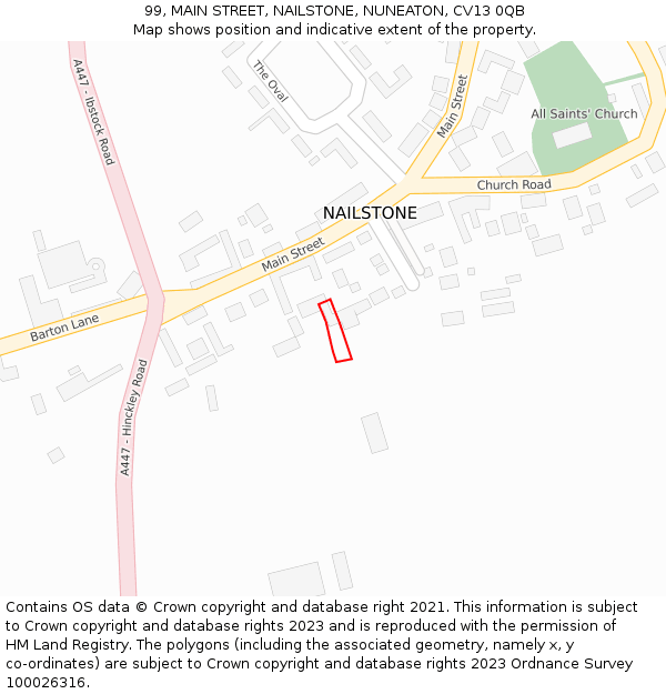 99, MAIN STREET, NAILSTONE, NUNEATON, CV13 0QB: Location map and indicative extent of plot