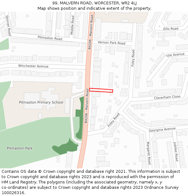 99, MALVERN ROAD, WORCESTER, WR2 4LJ: Location map and indicative extent of plot