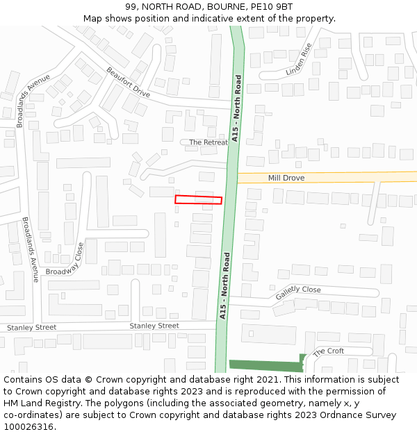 99, NORTH ROAD, BOURNE, PE10 9BT: Location map and indicative extent of plot