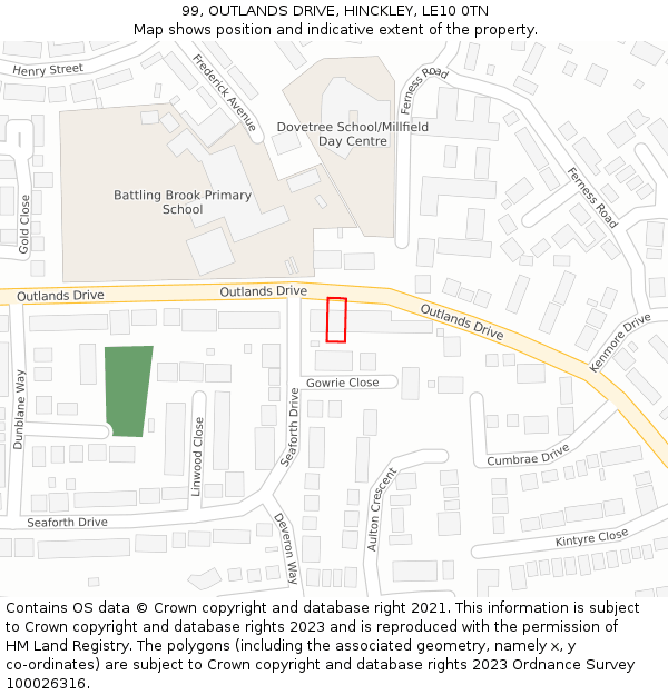 99, OUTLANDS DRIVE, HINCKLEY, LE10 0TN: Location map and indicative extent of plot