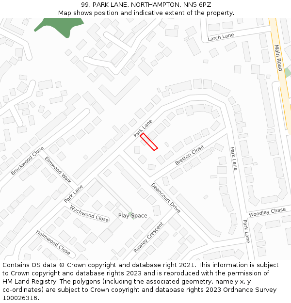 99, PARK LANE, NORTHAMPTON, NN5 6PZ: Location map and indicative extent of plot