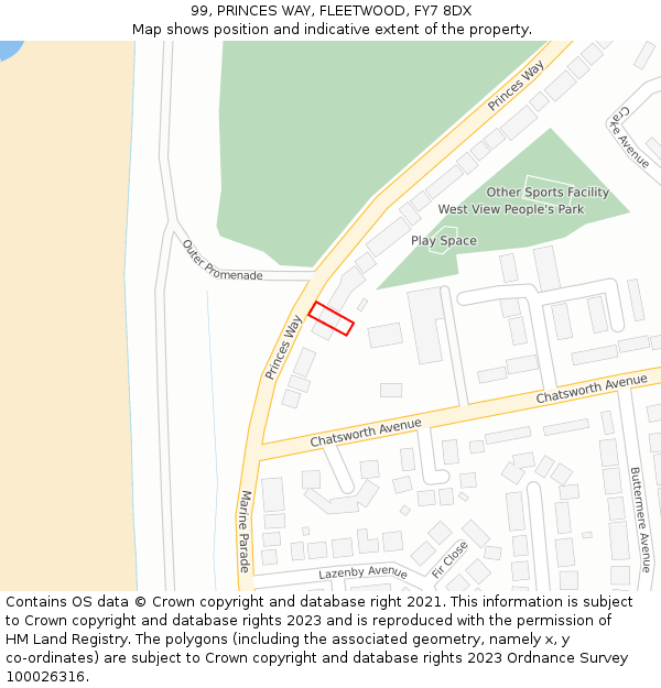 99, PRINCES WAY, FLEETWOOD, FY7 8DX: Location map and indicative extent of plot