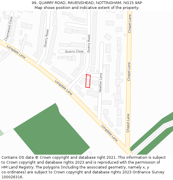 99, QUARRY ROAD, RAVENSHEAD, NOTTINGHAM, NG15 9AP: Location map and indicative extent of plot