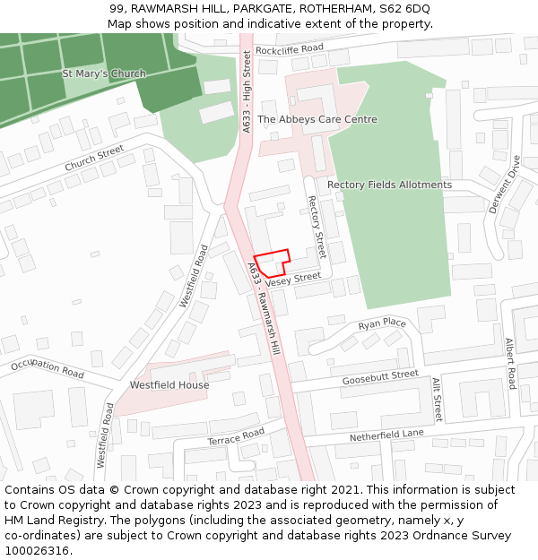 99, RAWMARSH HILL, PARKGATE, ROTHERHAM, S62 6DQ: Location map and indicative extent of plot