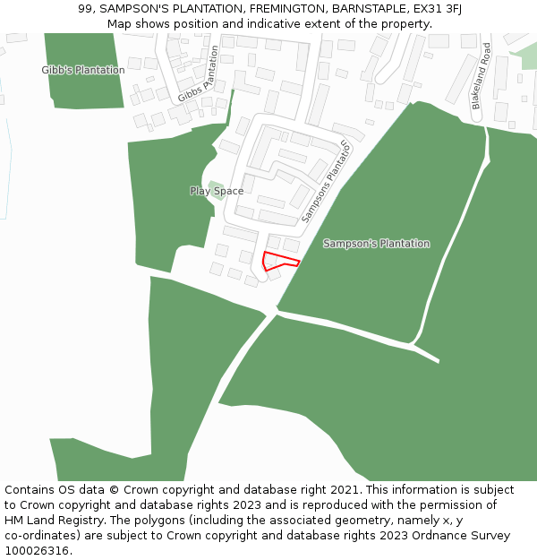 99, SAMPSON'S PLANTATION, FREMINGTON, BARNSTAPLE, EX31 3FJ: Location map and indicative extent of plot