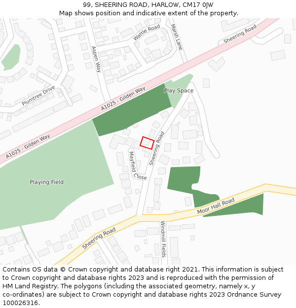 99, SHEERING ROAD, HARLOW, CM17 0JW: Location map and indicative extent of plot