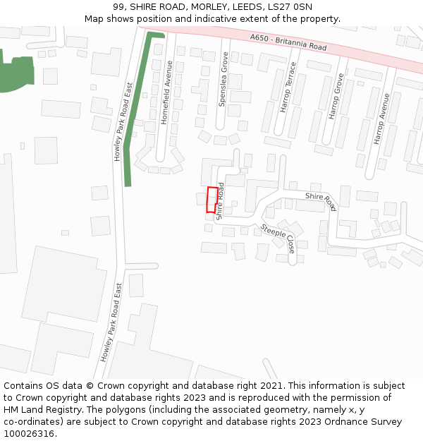 99, SHIRE ROAD, MORLEY, LEEDS, LS27 0SN: Location map and indicative extent of plot