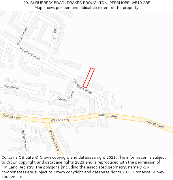 99, SHRUBBERY ROAD, DRAKES BROUGHTON, PERSHORE, WR10 2BE: Location map and indicative extent of plot