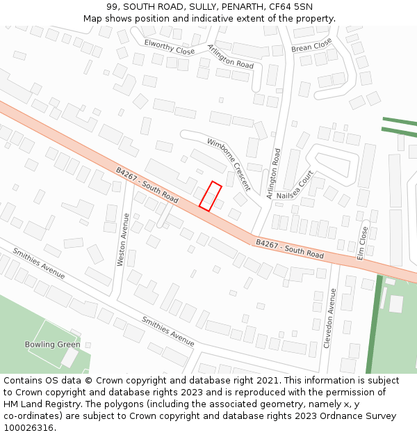 99, SOUTH ROAD, SULLY, PENARTH, CF64 5SN: Location map and indicative extent of plot