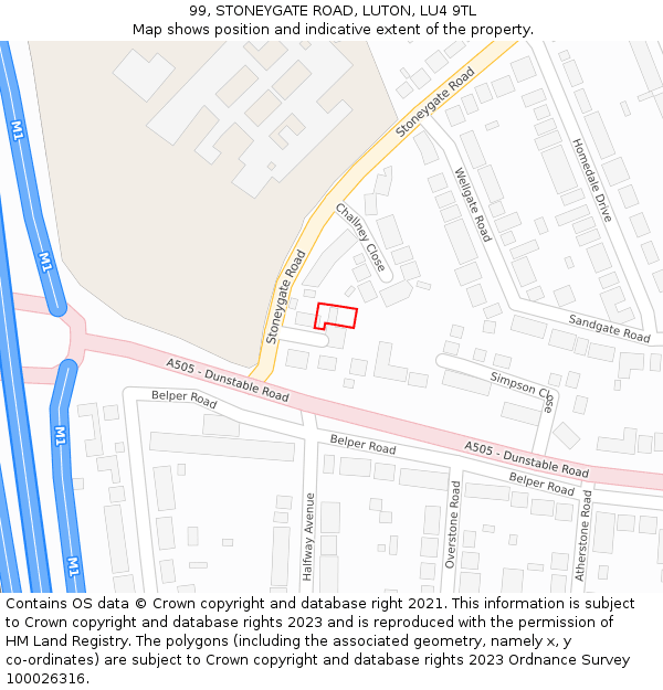 99, STONEYGATE ROAD, LUTON, LU4 9TL: Location map and indicative extent of plot