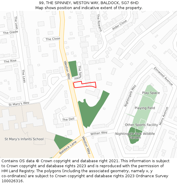 99, THE SPINNEY, WESTON WAY, BALDOCK, SG7 6HD: Location map and indicative extent of plot