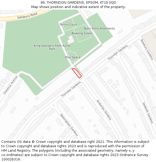 99, THORNDON GARDENS, EPSOM, KT19 0QD: Location map and indicative extent of plot