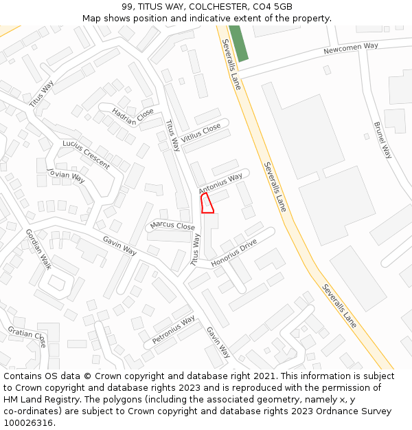 99, TITUS WAY, COLCHESTER, CO4 5GB: Location map and indicative extent of plot