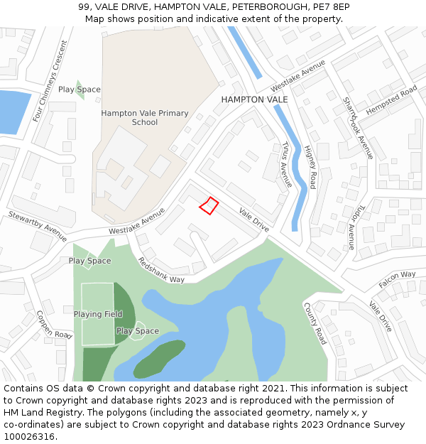 99, VALE DRIVE, HAMPTON VALE, PETERBOROUGH, PE7 8EP: Location map and indicative extent of plot