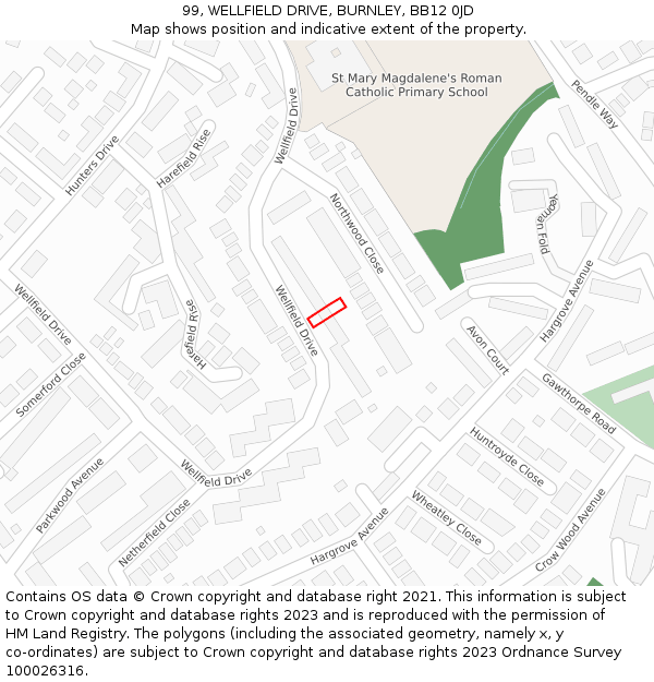 99, WELLFIELD DRIVE, BURNLEY, BB12 0JD: Location map and indicative extent of plot