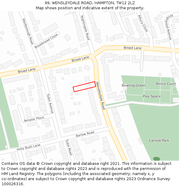 99, WENSLEYDALE ROAD, HAMPTON, TW12 2LZ: Location map and indicative extent of plot