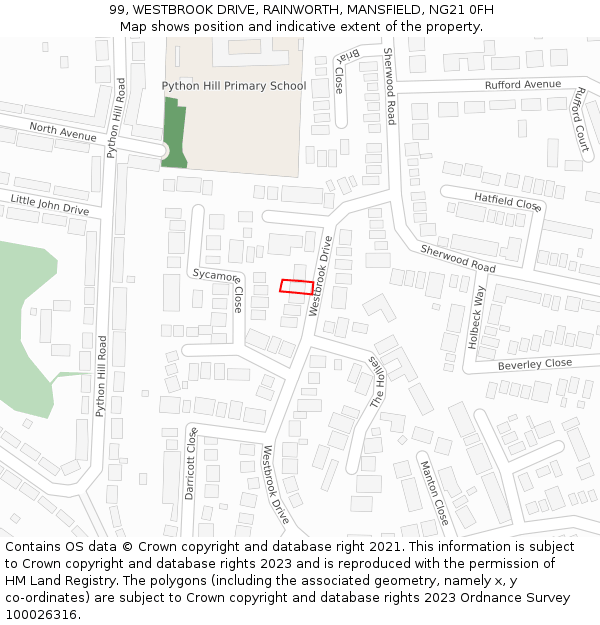 99, WESTBROOK DRIVE, RAINWORTH, MANSFIELD, NG21 0FH: Location map and indicative extent of plot