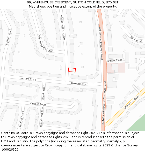 99, WHITEHOUSE CRESCENT, SUTTON COLDFIELD, B75 6ET: Location map and indicative extent of plot