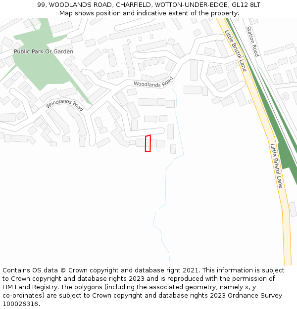 99, WOODLANDS ROAD, CHARFIELD, WOTTON-UNDER-EDGE, GL12 8LT: Location map and indicative extent of plot