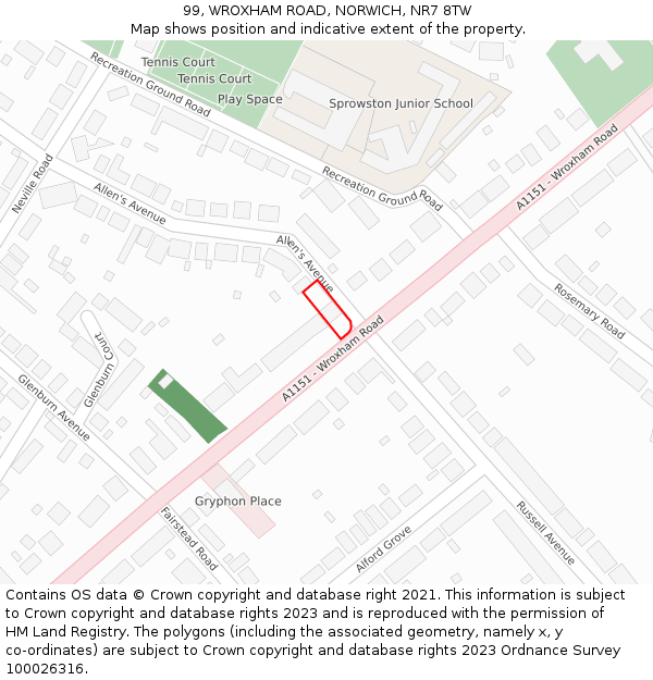 99, WROXHAM ROAD, NORWICH, NR7 8TW: Location map and indicative extent of plot