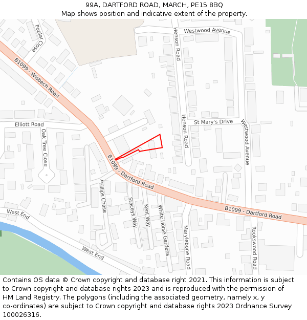 99A, DARTFORD ROAD, MARCH, PE15 8BQ: Location map and indicative extent of plot