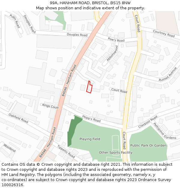 99A, HANHAM ROAD, BRISTOL, BS15 8NW: Location map and indicative extent of plot