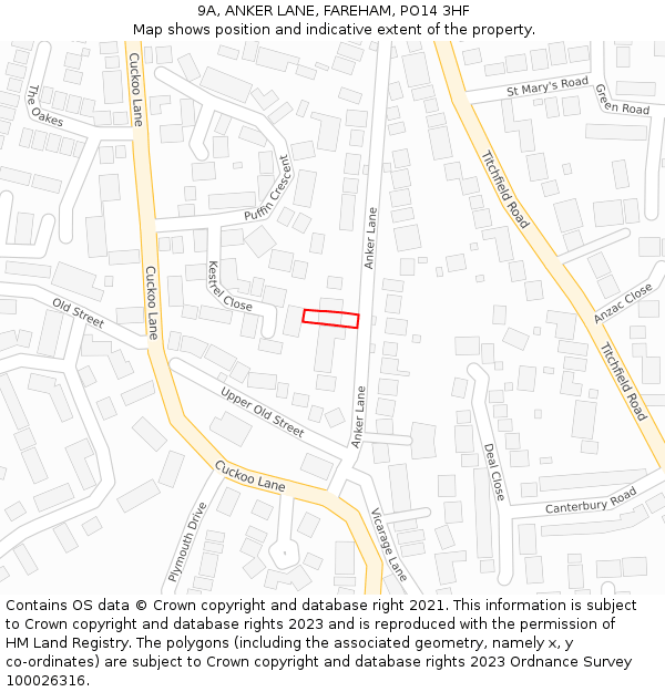 9A, ANKER LANE, FAREHAM, PO14 3HF: Location map and indicative extent of plot