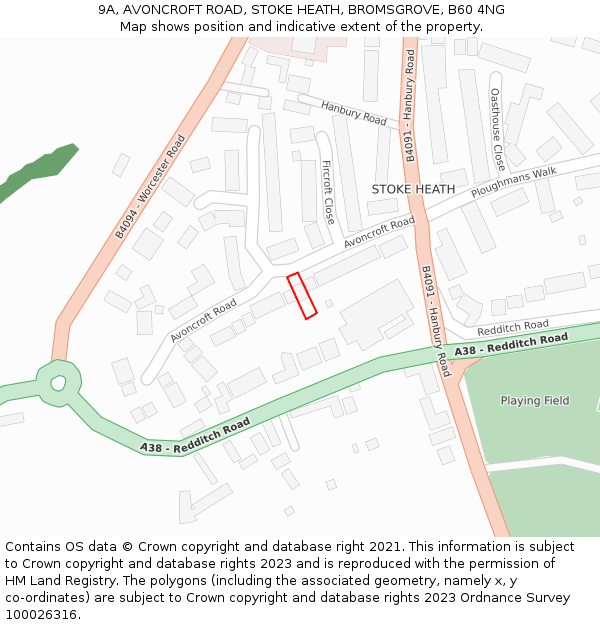 9A, AVONCROFT ROAD, STOKE HEATH, BROMSGROVE, B60 4NG: Location map and indicative extent of plot