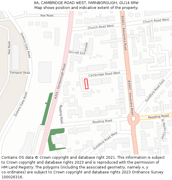 9A, CAMBRIDGE ROAD WEST, FARNBOROUGH, GU14 6RW: Location map and indicative extent of plot
